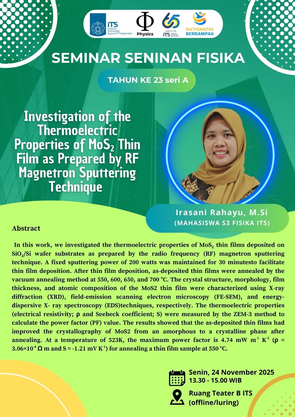 Irasani Rahayu, M.Si, mahasiswa S3 Pascasarjana bimbingan Ibu Dr. Melania Suweni Muntini, M.T