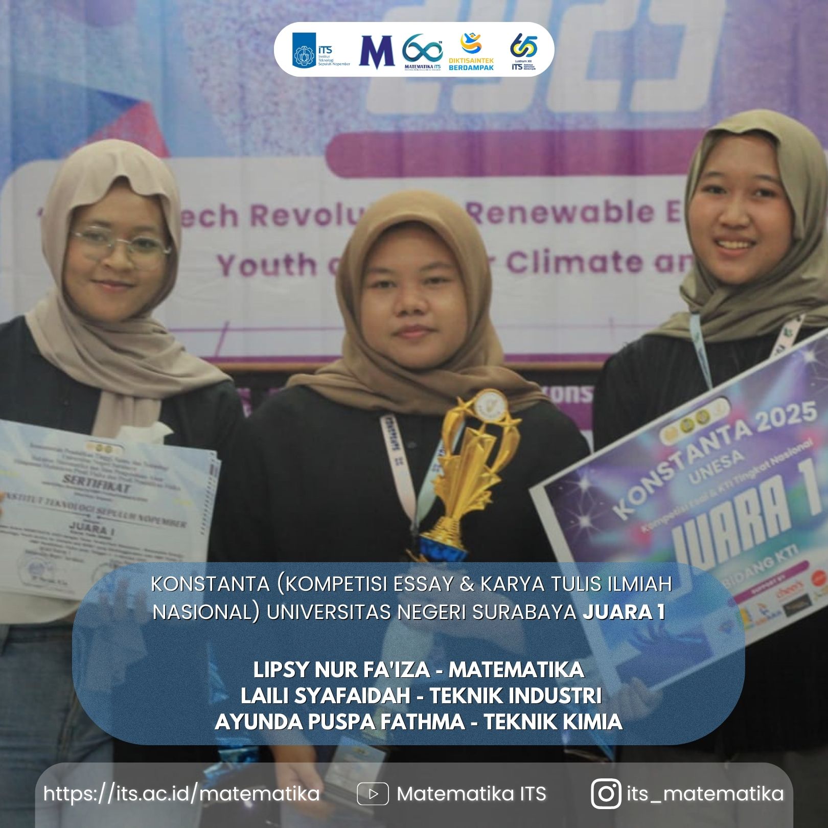 Mahasiswa Departemen Matematika ITS Raih Juara 1 Kompetisi Essay & Karya Tulis Ilmiah Nasional UNESA 2025