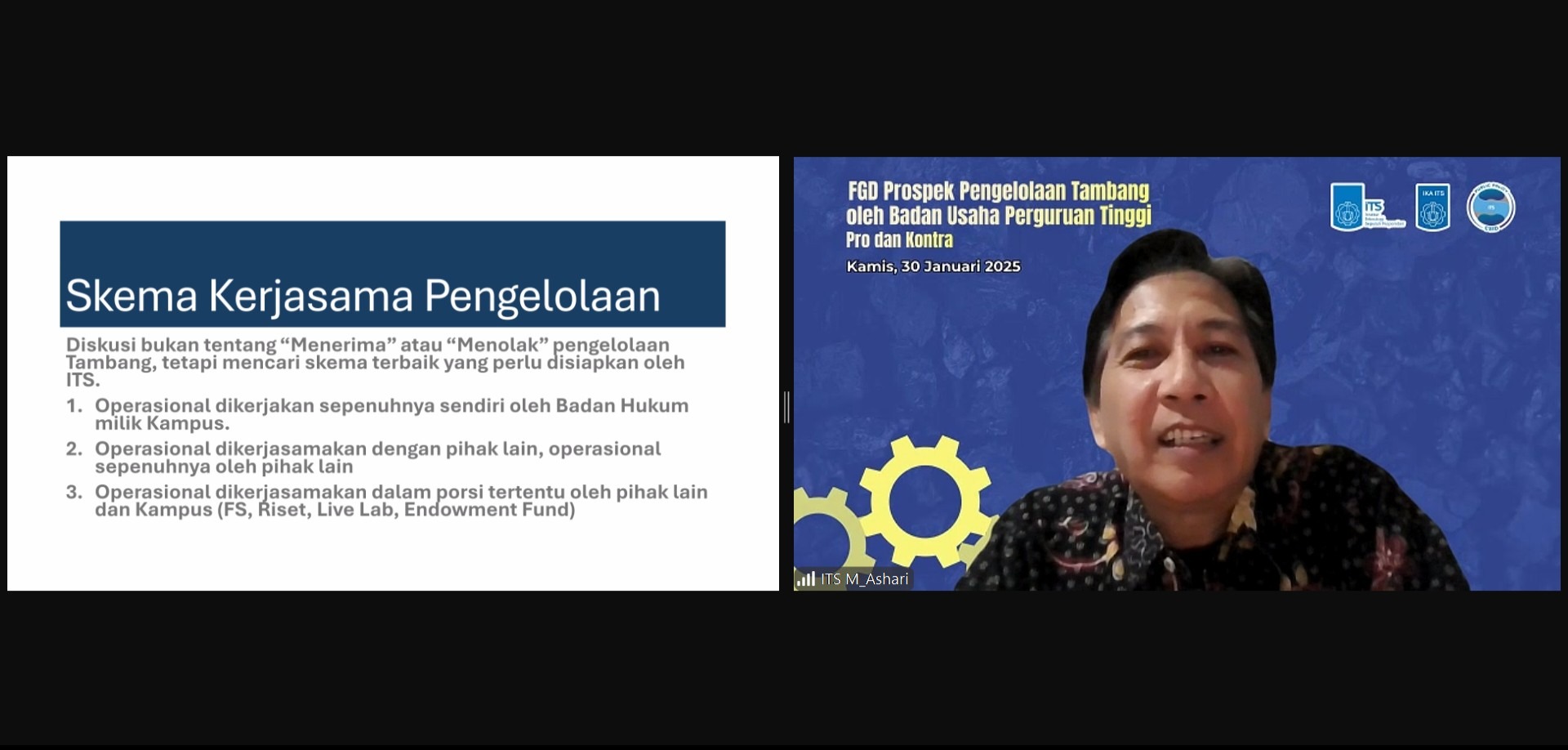 Guru Besar Departemen Teknik Elektro ITS Prof Mochamad Ashari MEng ketika memberikan usulan skema kerja sama antara perguruan tinggi dengan mitra dalam operasional pengelolaan tambang