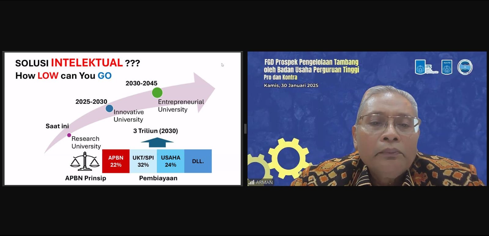 Kepala CSID-PP ITS Dr Ir Arman Hakim Nasution MEng ketika menyampaikan pendapatnya dalam FGD Prospek Pengelolaan Tambang oleh Badan Usaha Perguruan Tinggi