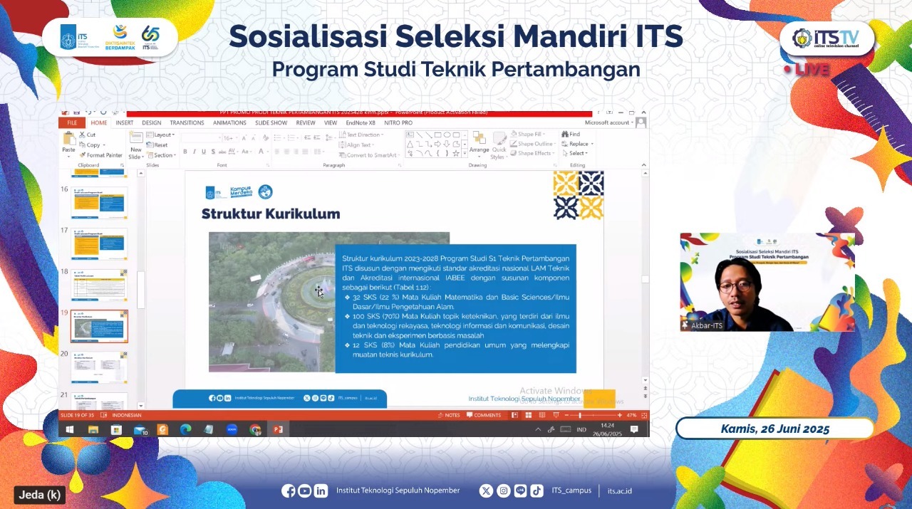 Ketua Prodi Teknik Pertambangan ITS Akbar Kurniawan ST MT saat memaparkan struktur kurikulum Prodi Teknik Pertambangan ITS secara daring