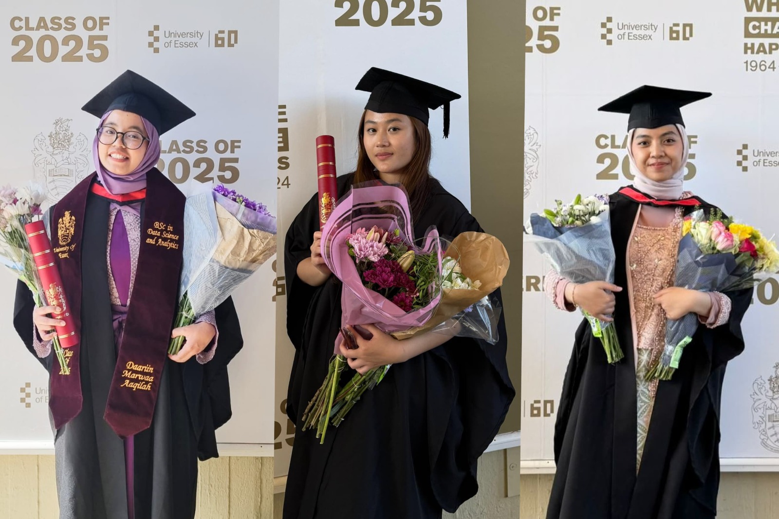 (dari kiri) Daariin Marwaa Aaqilah, Jocelyn Steviani Obert, dan Netanya Xaviera Dewi saat diwisuda di University of Essex, Britania Raya