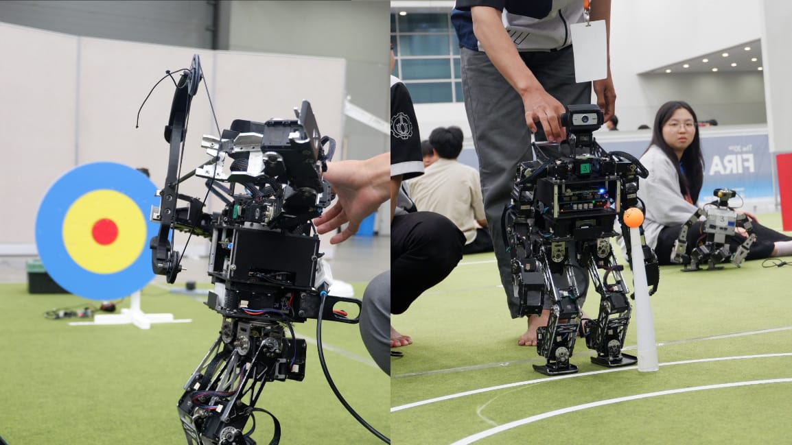 Dua robot karya Tim Ichiro ITS yang berhasil meraih juara pada FIRA Roboworld Cup 2025 di Korea Selatan