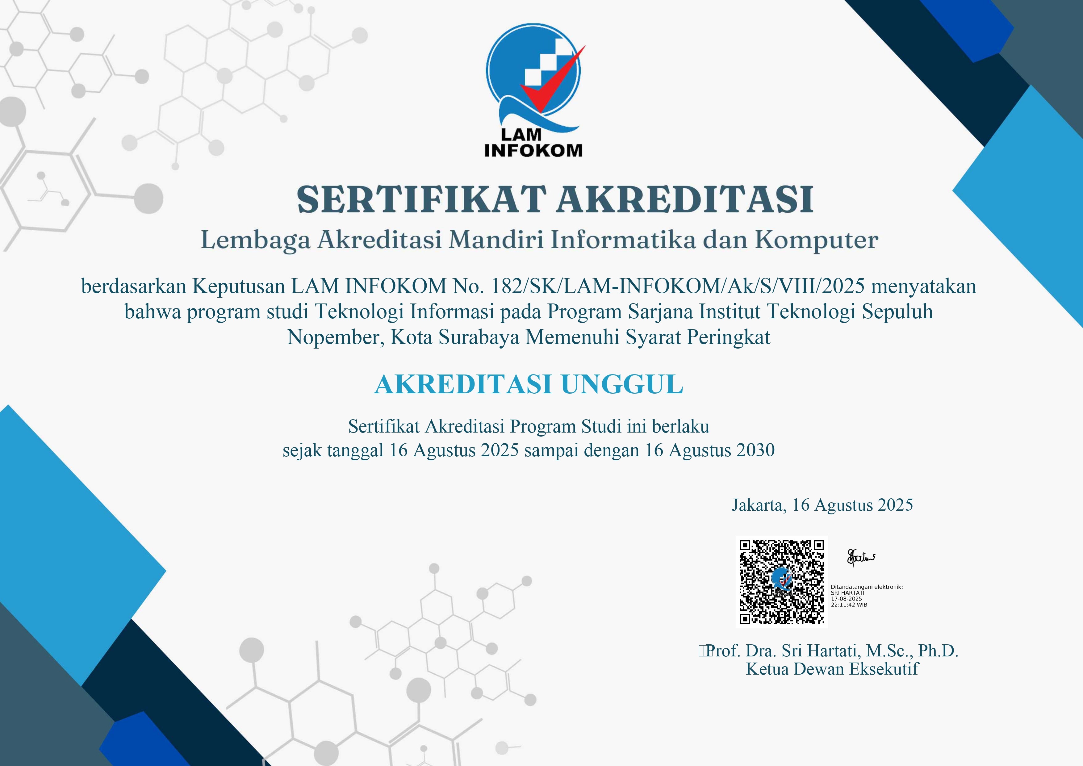 Gambar Salah satu Sertifikat Akreditasi Unggul dari Lembaga Akreditasi Mandiri Informatika dan Komputer (LAM Infokom) yang diberikan kepada program studi (prodi) S-1 Teknologi Informasi ITS
