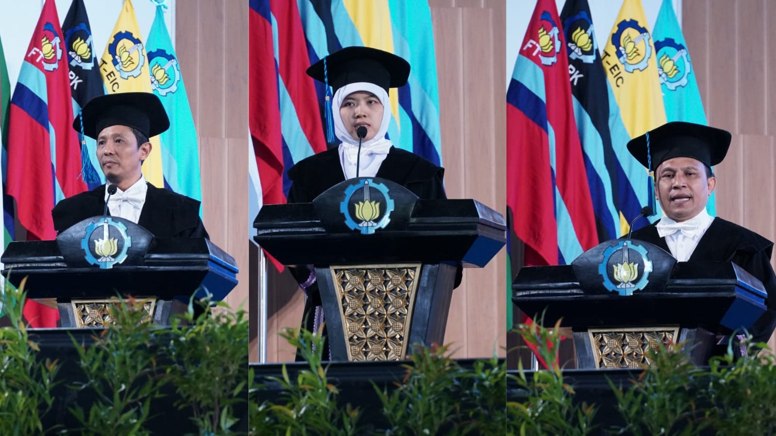 (dari kiri) Prof Sigit Tri Wicaksono SSi MSi PhD, Prof Yatim Lailun Ni'mah SSi MSi PhD, dan Prof Suprapto SSi MSi PhD yang dikukuhkan menjadi guru besar ke-222, 223, dan 224 ITS