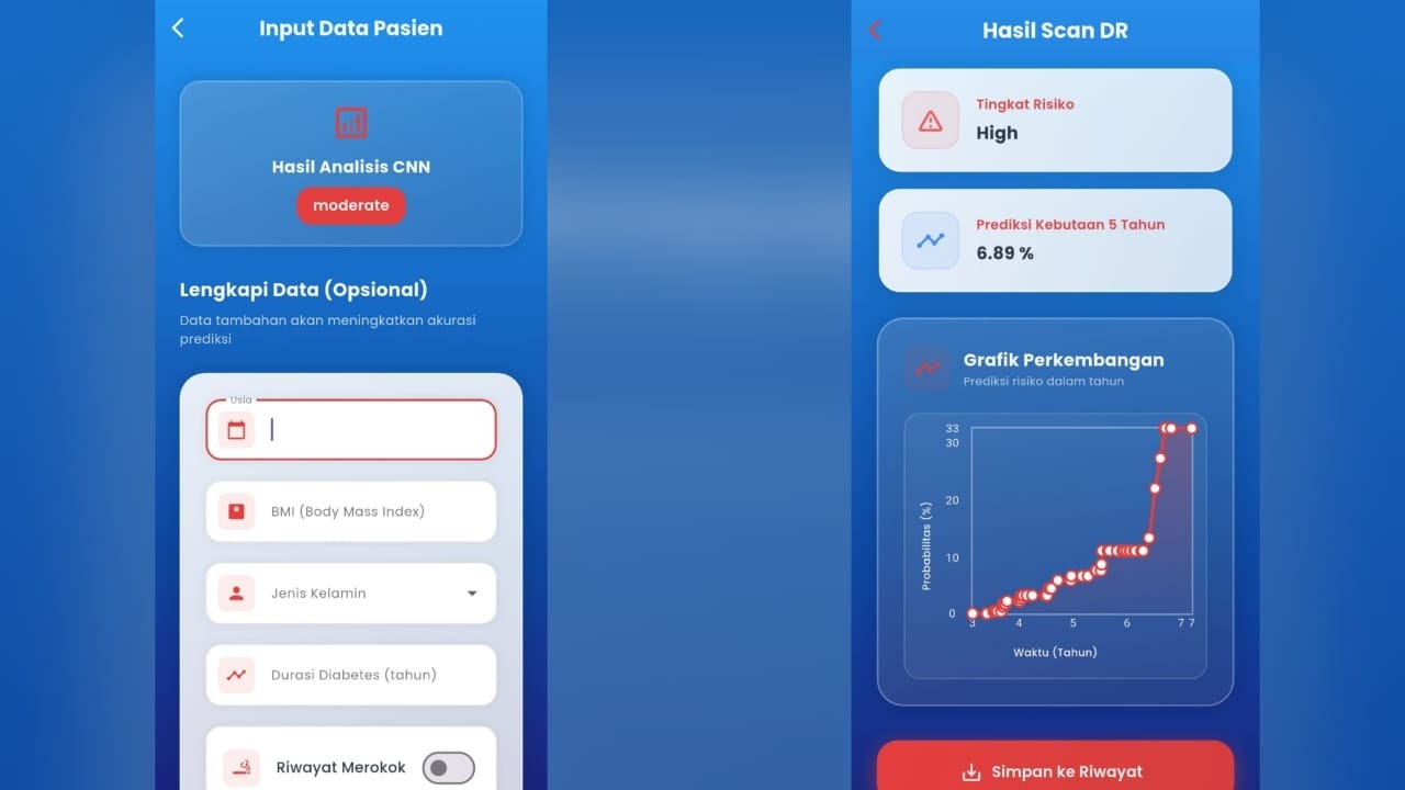 Tampilan laman aplikasi EyeXaminer setelah mendapatkan hasil citra retina pasien untuk diketahui hasil klasifikasi dan prediksi risiko kebutaan
