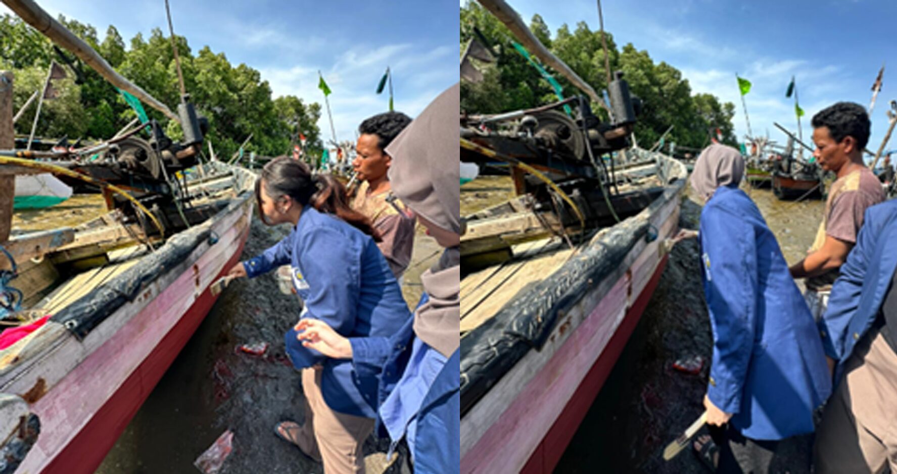 Demonstrasi pelatihan pelapisan kapal berbasis nano-silika dari DBE yang dilakukan oleh Mahasiswa tim KKN Abmas ITS. Para peserta sedang menyaksikan langsung proses aplikasi pelapisan pada lambung kapal