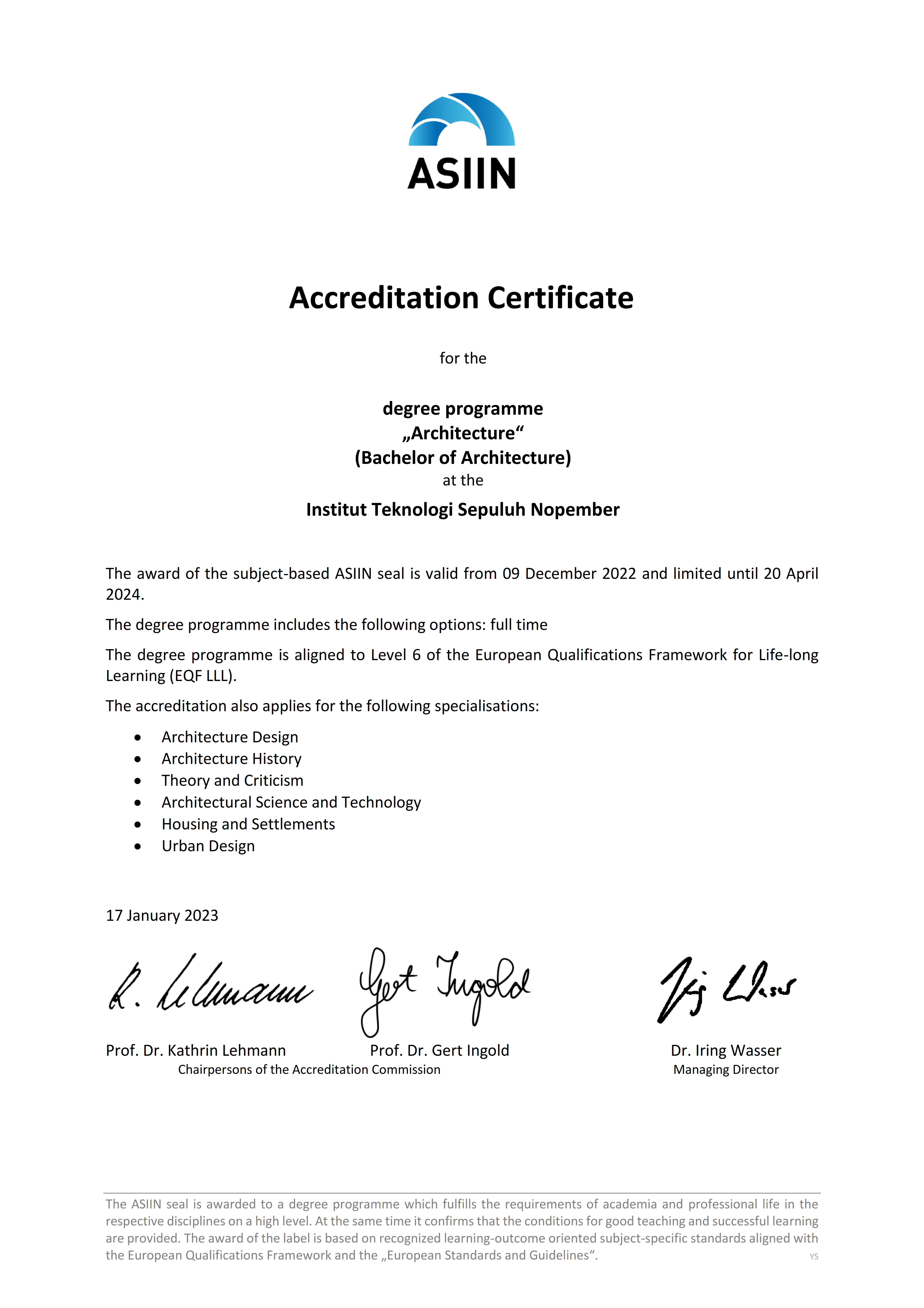 Accreditation Certificate ASIIN_001 - Departemen Arsitektur
