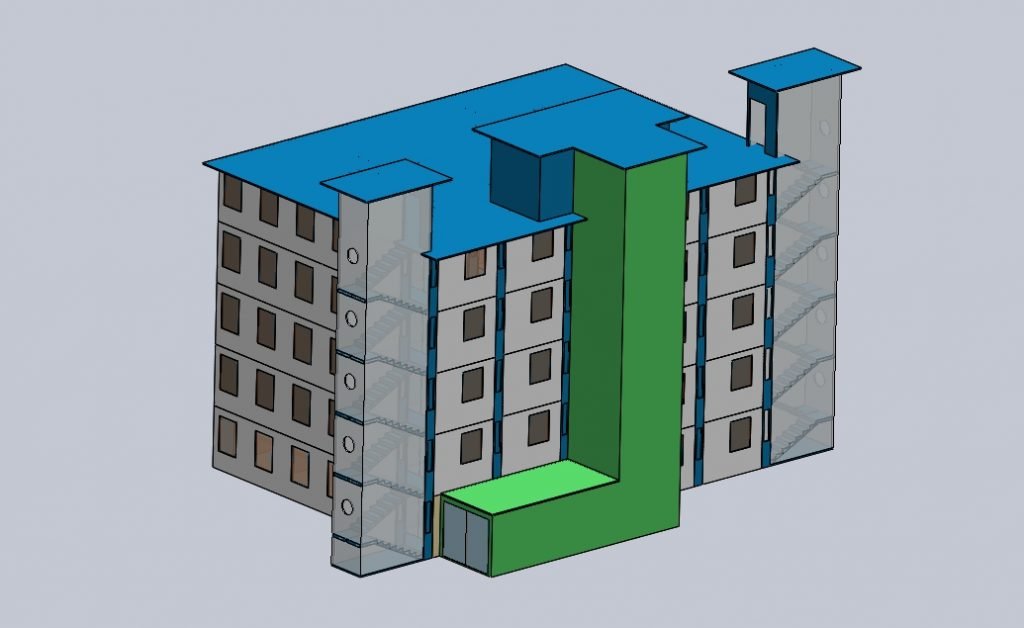 Ilustrasi desain rumah sakit kontainer berkapasitas 25 kontainer, dengan masing-masing kontainer terdiri dari dua orang pasien
