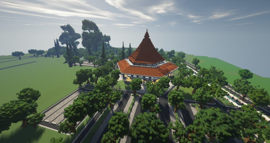 Gedung Grha Sepuluh Nopember ITS yang akan menjadi tempat wisuda dalam rancangan di Minecraft