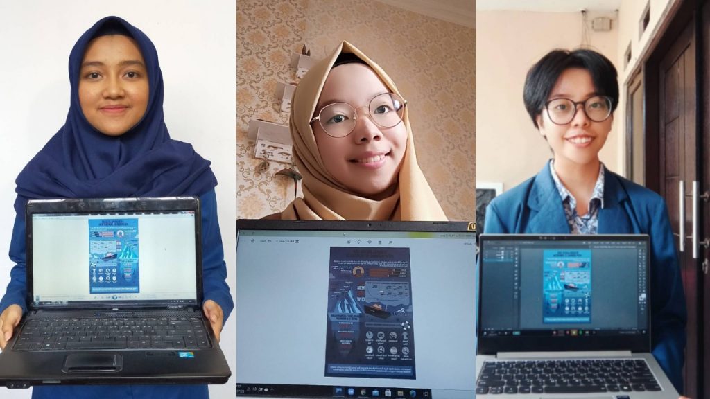 (dari kiri) Dyah Ayu Adhasya Putri, Annisaa' Rahmaah Nurul Syawal, dan Rania Ayu menunjukkan infografis yang dilombakan dalam ajang Satria Data 2020