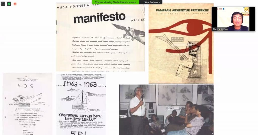 Prof Abidin Kusno (frame kanan atas) dari York Univeristy, Kanada menyampaikan materi mengenai konsep melawan waktu dalam bidang arsitektur