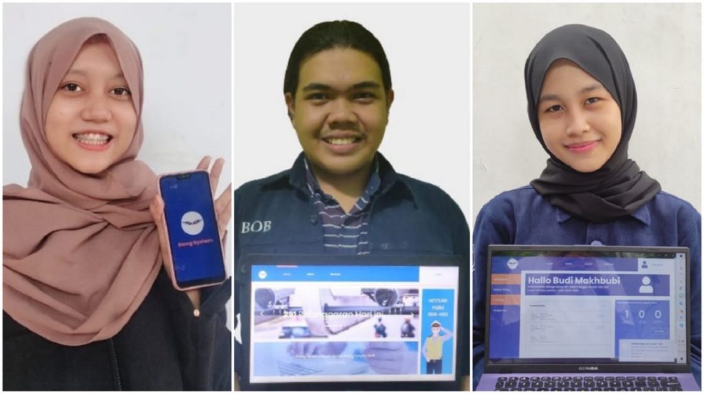 (dari kiri) Raisa Zahra Fadila, Muhammad Akbar Makhbubi, dan Tiara Hikmata Billah menunjukkan fitur yang ada pada Elang System