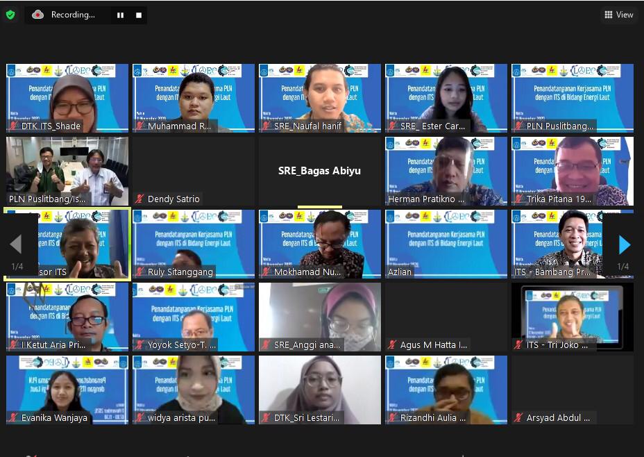 Foto bersama secara daring dalam agenda penandatanganan MoU kerja sama di Bidang Energi Laut antara ITS dan PT PLN