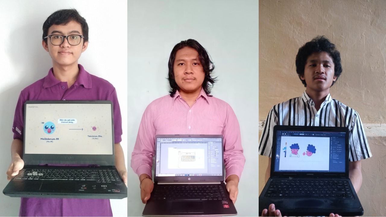 (dari kiri) Tito Maulana, Made Dwi Adistha Prana Loka Warsa, dan Dayyan Nasrul Haq menunjukkan motion graphic garapan tim Ruang 309