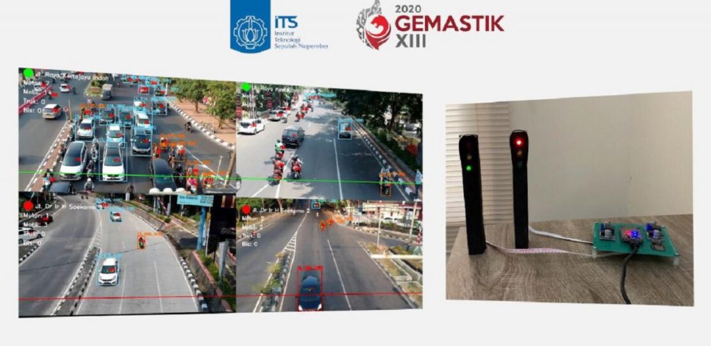 Hasil pemrosesan gambar oleh sistem (kiri), dan prototipe pengandalian lampu lalu lintas (kanan)