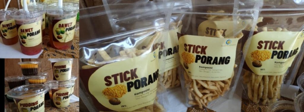 Hasil olahan porang yang dihasilkan mitra binaan yakni dawet porang (kiri atas), pudding porang (kiri bawah), dan stick porang (kanan bawah)