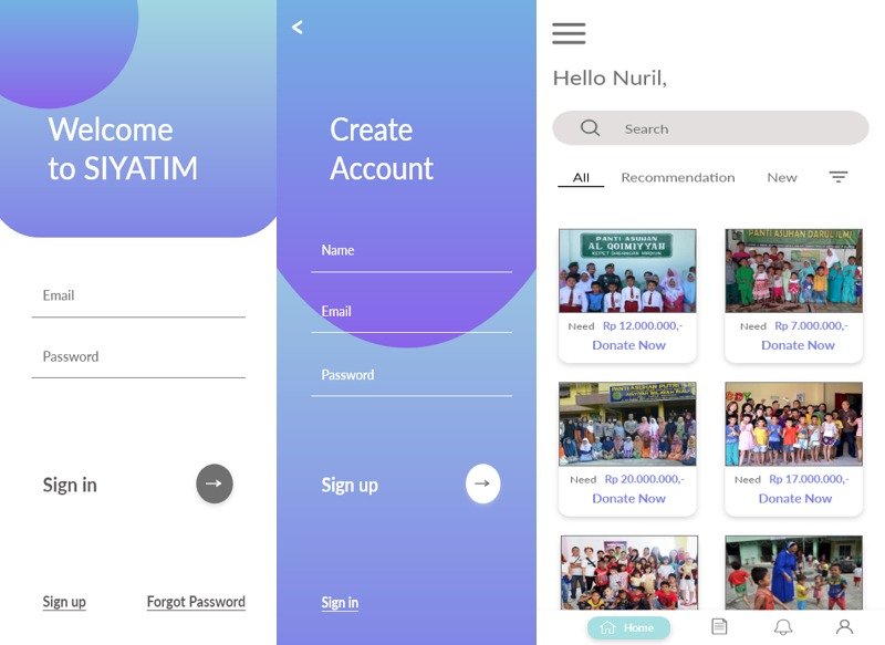 Tampilan aplikasi mobile Siyatim hasil rancangan mahasiswa ITS