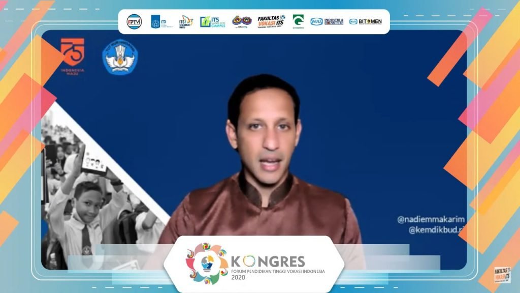 Menteri Pendidikan dan Kebudayaan RI Nadiem Anwar Makarim saat menyampaikan sambutan pada Seminar Nasional dan Kongres FPTVI 2020