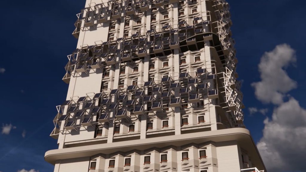 Tampak dari layer terluar Among Raga yang berupa panel surya sebagai sumber energi dan penangkap air hujan untuk keberlanjutan bangunan