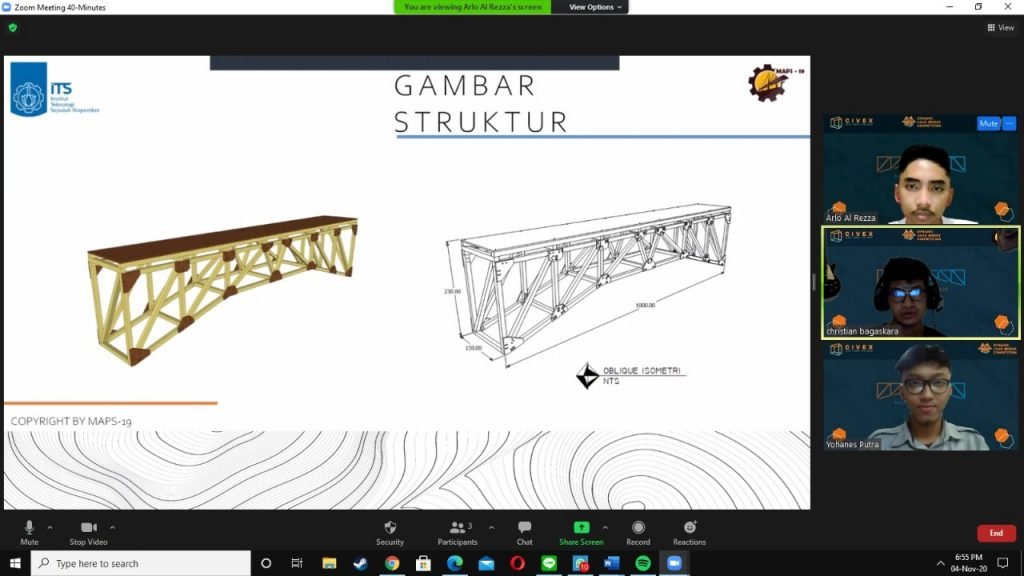 Para anggota tim MAPS-19 ITS saat mempresentasikan secara virtual jembatan karyanya pada ajang Dynamic Load Bridge Competition (DLBC) 2020