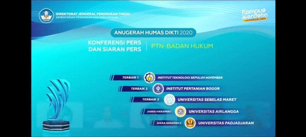 ITS diumumkan sebagai Terbaik 1 Kategori Konferensi Pers & Siaran Pers untuk PTN-BH pada acara Anugerah Humas Dikti (AHD) 2020