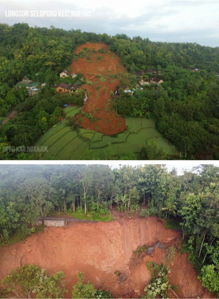 Mahkota Longsor di Desa Ngetos, Nganjuk menunjukkan lapisan tanahnya yang tebal dan akar vegetasinya yang pendek