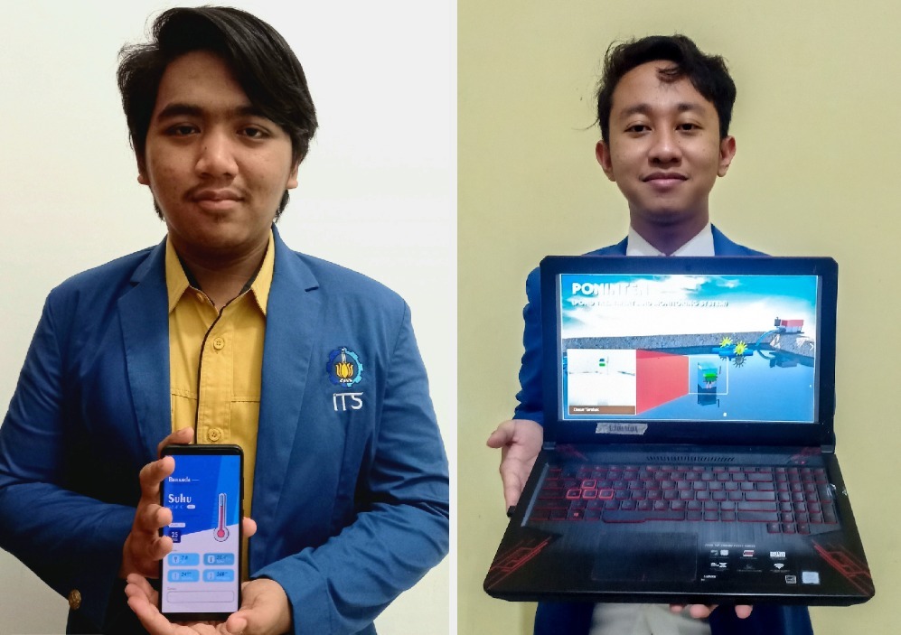 (dari kiri) Muhammad Alfiyan Zulfa dan Danial Farros Maulana menunjukkan user interface aplikasi dan desain sistem PONINTEN rancangannya