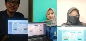 (dari kiri) Ahmad Fahmi Prakoso, Dewi Setiyaningsih, dan Bethari Auchenfloretta menunjukkan karya posternya