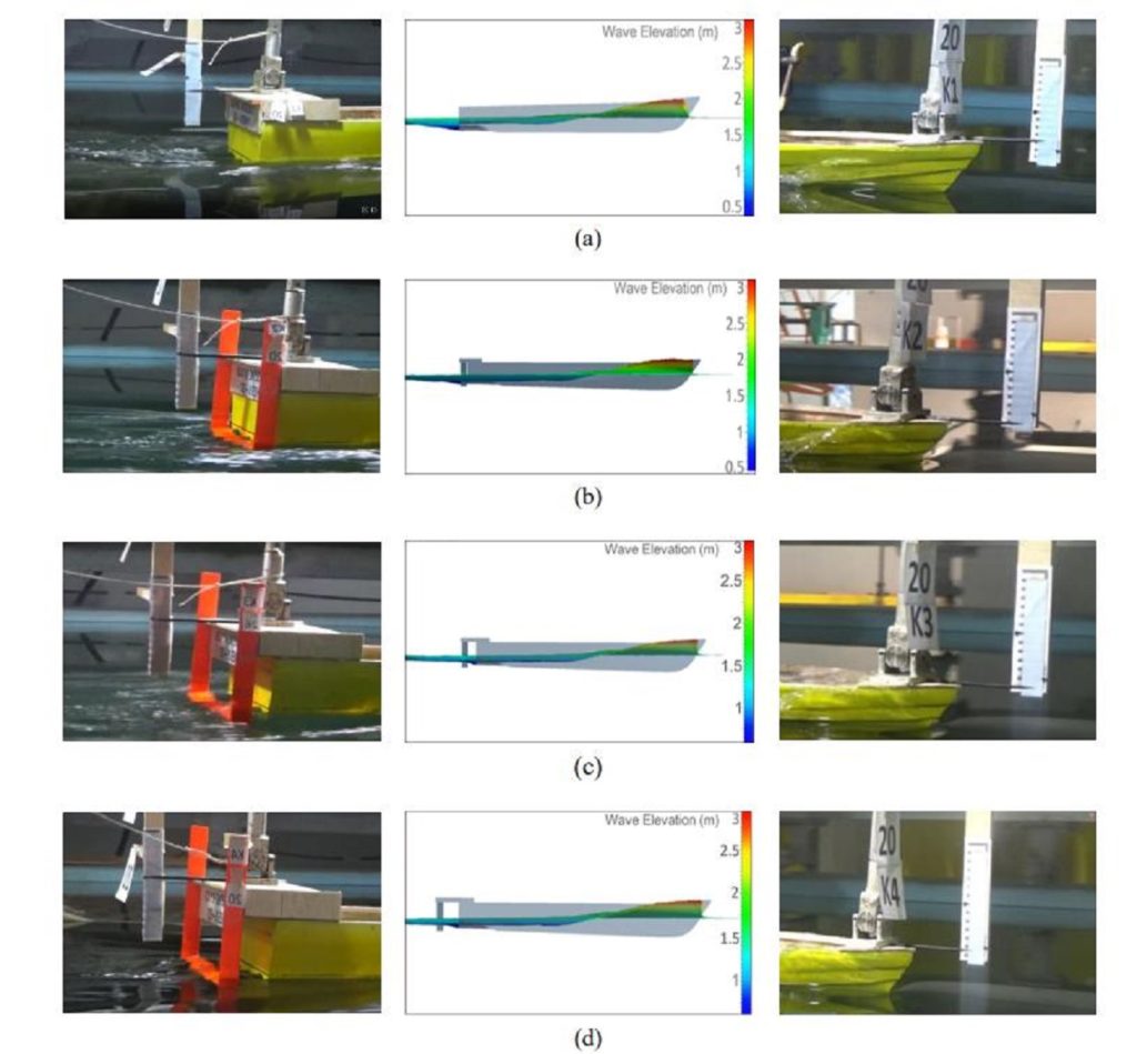 Perbandingan visualisasi pola gelombang yang dibentuk oleh kapal antara hasil eksperimen di laboratorium dan hasil simulasi CFD