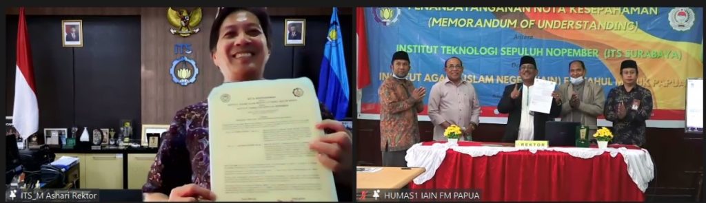 (dari kiri, membawa kertas) Rektor ITS, Prof Dr Ir Mochamad Ashari MEng dan Rektor IAIN Fattahul Muluk Papua Dr H Idrus Alhamid SAg MSi usai penandatanganan MoU