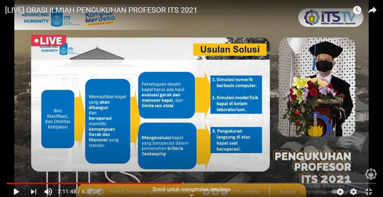 Prof Aries Sulisetyono ST MA SC PhD ketika menyampaikan orasi ilmiahnya saat pengukuhan