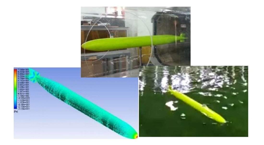 Gambar model AUV dalam numerik, uji drag, dan uji manuver