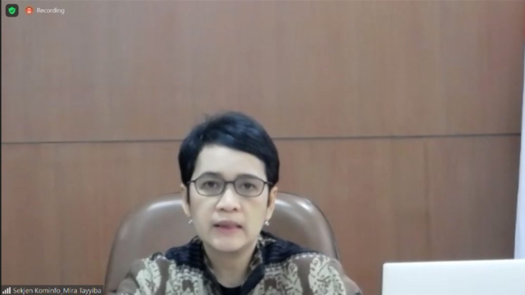 Sekjen Kemenkominfo RI Mira Tayyiba memberikan keynote speech secara daring ada pembukaan Rakernis Tahun 2021