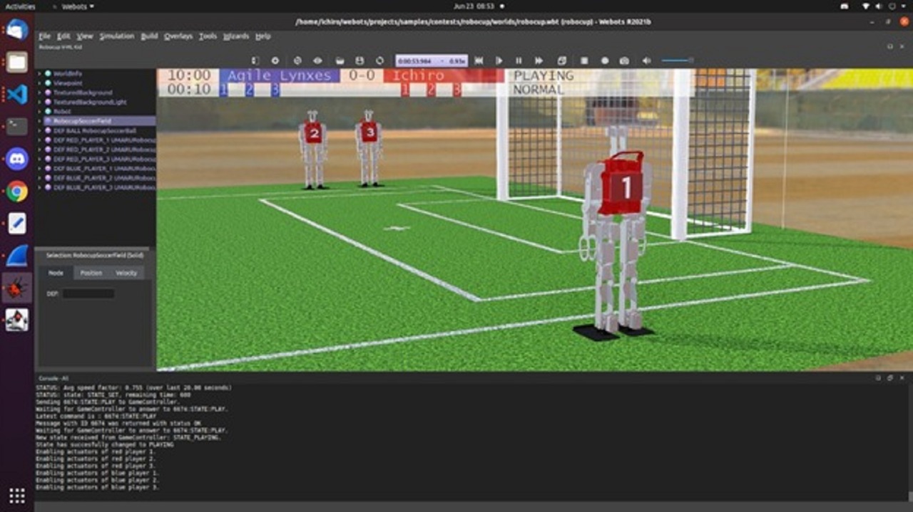 Bentuk tampilan simulator lomba sepakbola robot humanoid yang diikuti Tim Ichiro ITS