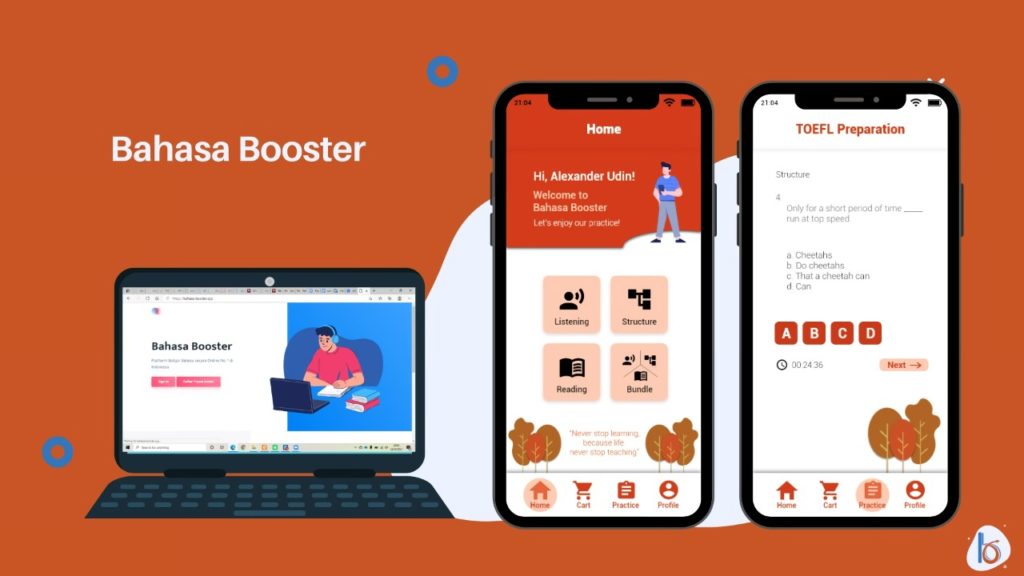 (dari kiri) Tampilan situs Bahasa Booster dan tampilan aplikasinya yang sedang dikembangkan