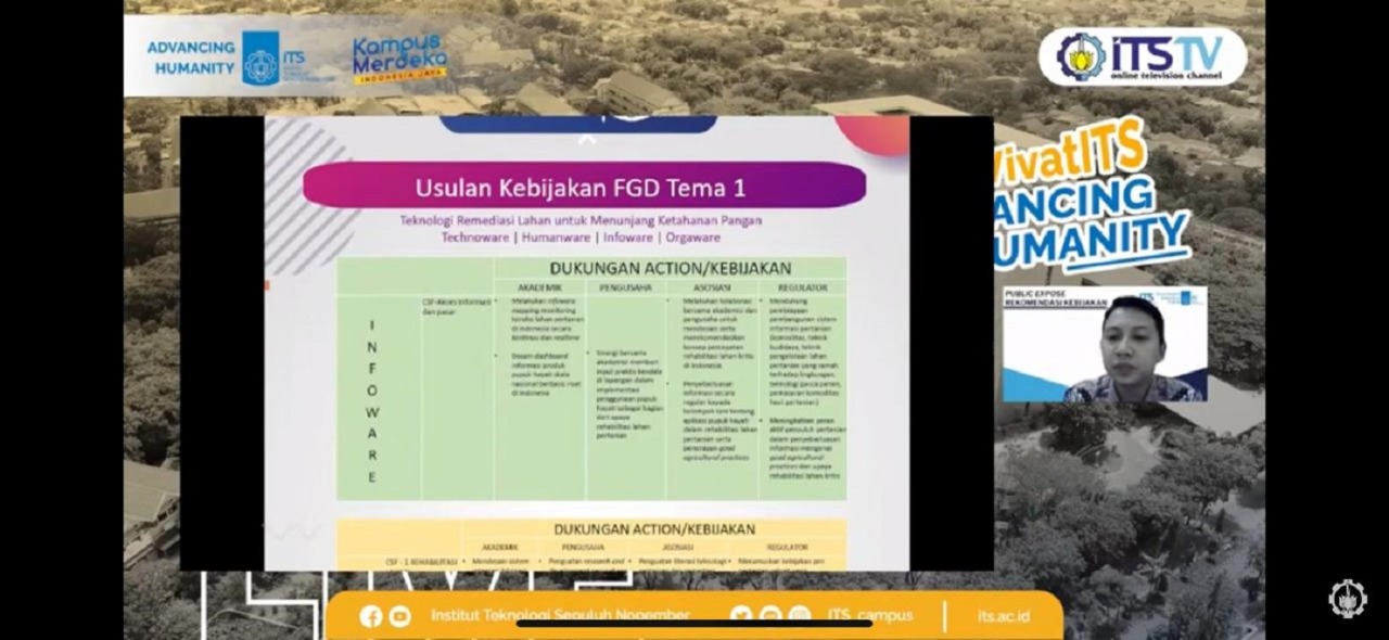 Tim Riset PKKP ITS Dr Nurul Jadid SSi MSc (frame kanan) saat memaparkan rekomendasi kebijakan tentang Remediasi Lahan untuk Ketahanan Pangan