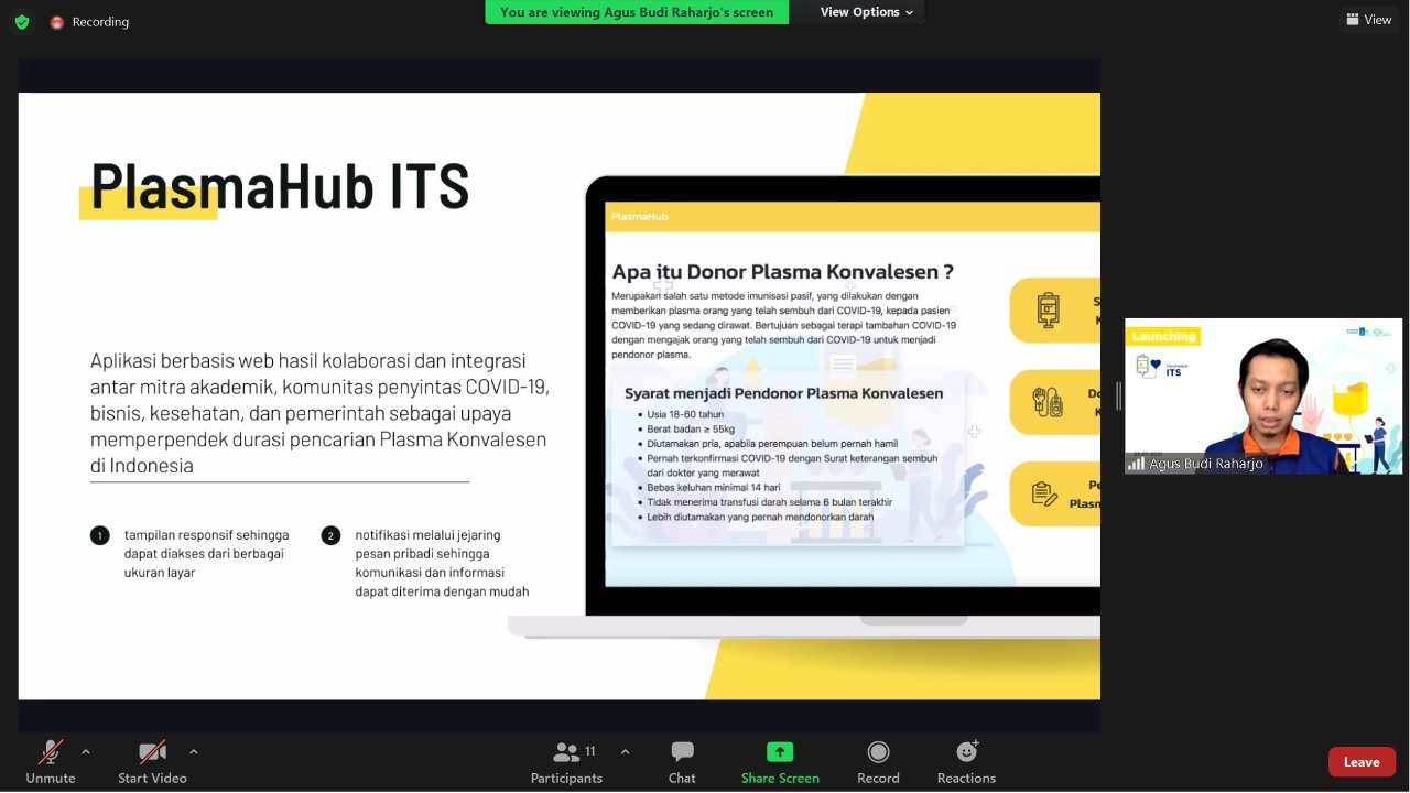 Dorong Ketersediaan Plasma Konvalesen, ITS Sosialisasikan PlasmaHub