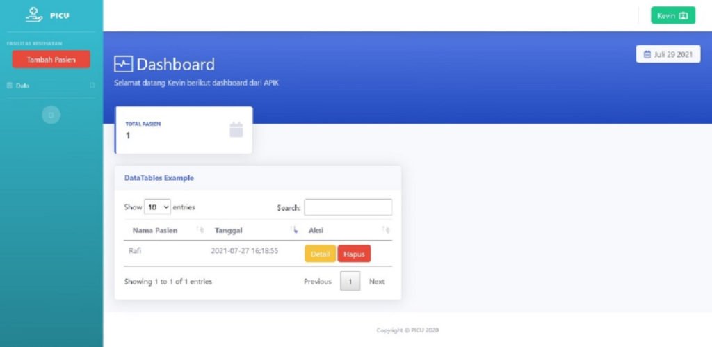 The main menu display of the APIK PICU dr Soetomo by Kevin Haffizzana, a student of the ITS Information Systems Department