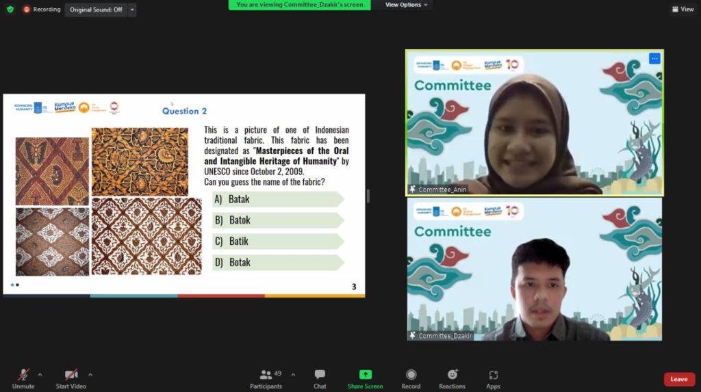 Salah satu sesi kuis seputar kebudayaan tradisional di Indonesia yang diberikan kepada para peserta CommTECH 2021 - Summer Edition dari berbagai negara