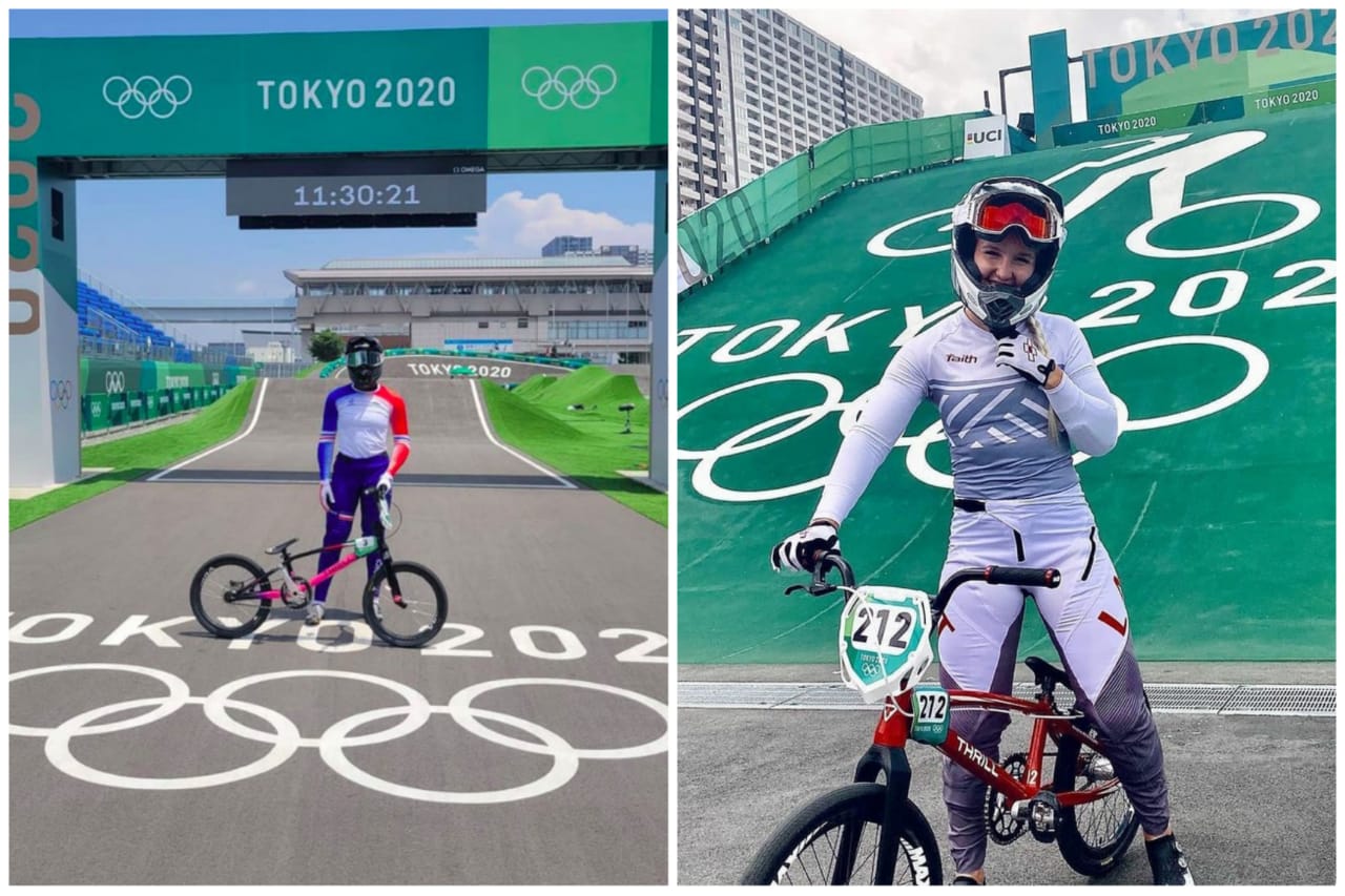 (dari kiri) Axelle Etienne asal Latvia dan Vineta Peterson asal Prancis yang merupakan atlet BMX pada Olimpiade Tokyo 2020
