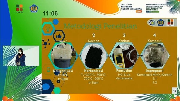 Cininta Nareswari ketika mempresentasikan metodologi penelitian riset pemanfaatan limbah tandan kosong kelapa sawit sebagai bahan baku material baterai