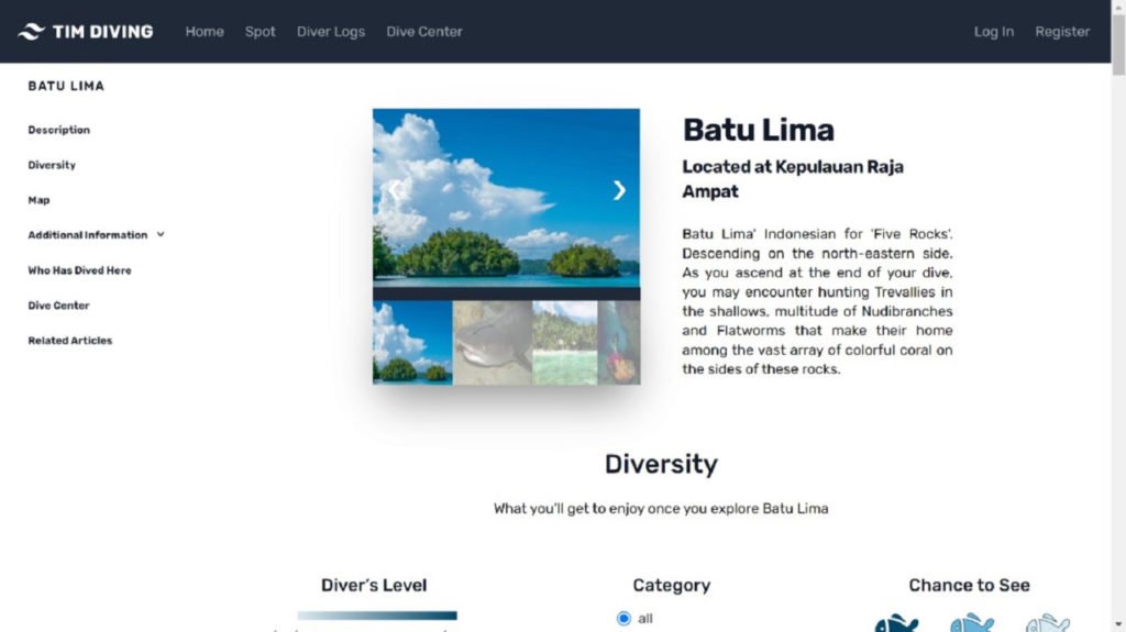 Halaman website diving karya tim Abmas ITS yang menampilkan detail dari sebuah titik selam