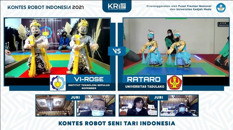 Robot dari tim Vi-Rose ITS (kiri) saat penampilan secara daring pada kategori KRSI di KRI 2021 (diambil dari kanal youtube UGM)