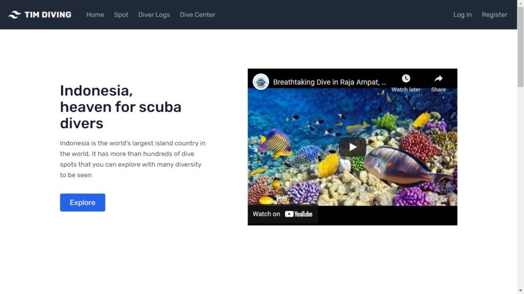 Tampilan home dari website diving rancangan tim Abmas ITS