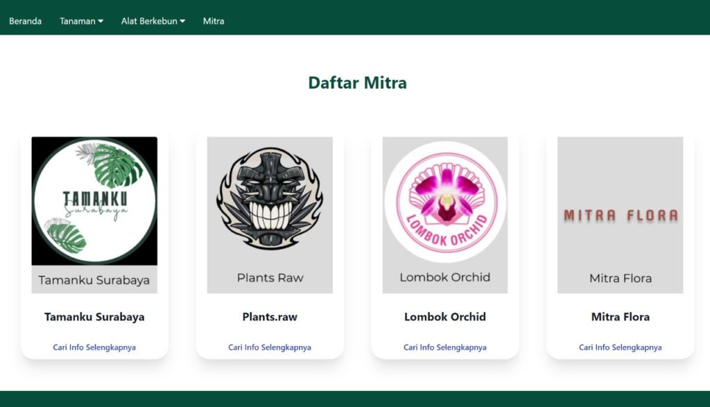 Halaman daftar mitra UMKM tanaman dan alat berkebun dalam website hasil Abmas ITS