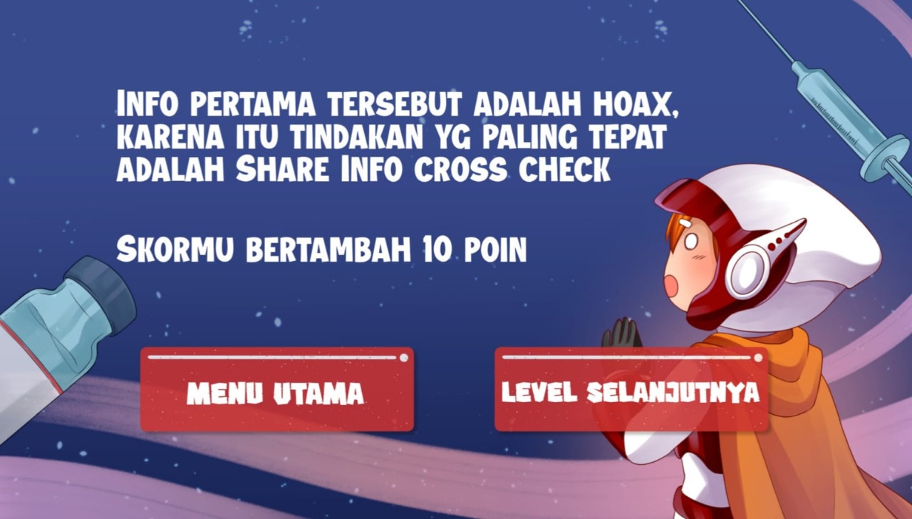 Tampilan game Pramana Sahwahita, hasil rancangan Tim Abmas ITS, dalam proses pembuktian hoaks yang berada di masyarakat