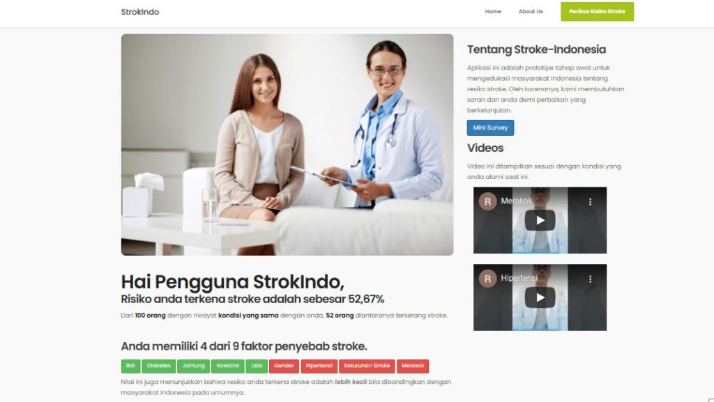 Contoh hasil identifikasi risiko stroke dan saran dari pakar pada laman StrokIndo, rancangan tim KKN Abmas ITS