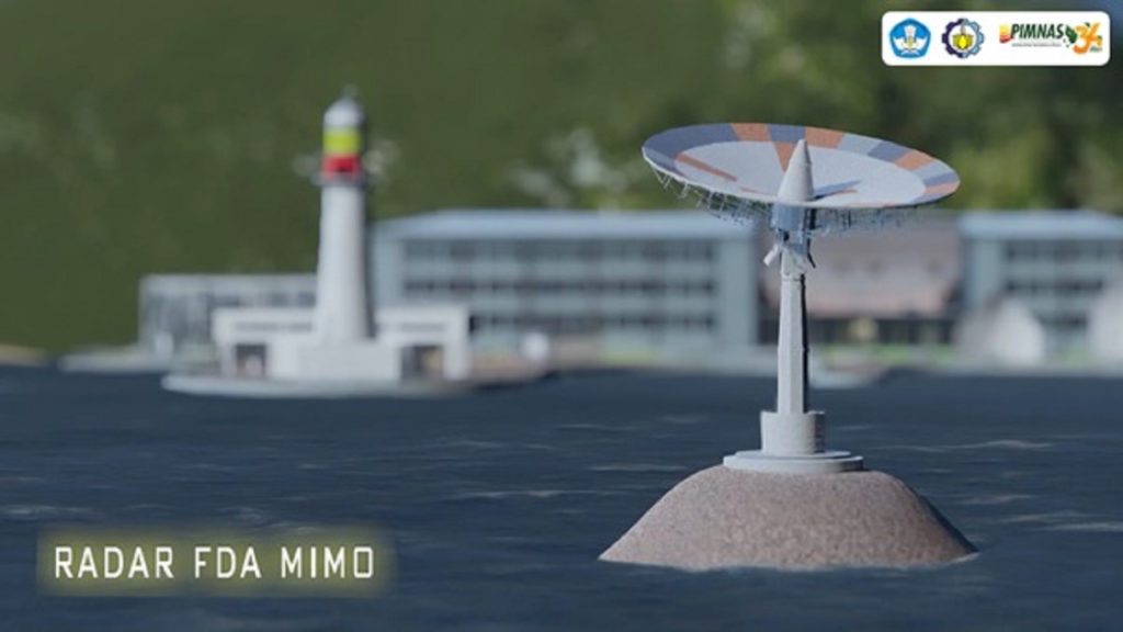 Ilustrasi rancangan model Radar FDA MIMO yang melacak kapal di wilayah perairan dengan memanfaatkan gelombang elektromagnetik