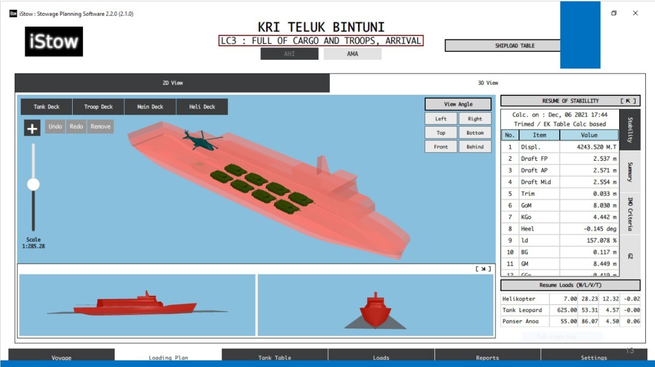 Tampilan antar muka perangkat lunak iStow, rancangan ITS, untuk KRI Teluk Bintuni-520